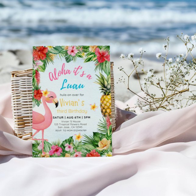 Aloha 3rd Birthday Girl – Flamingo & Flowers Party Invitation (Creator Uploaded)