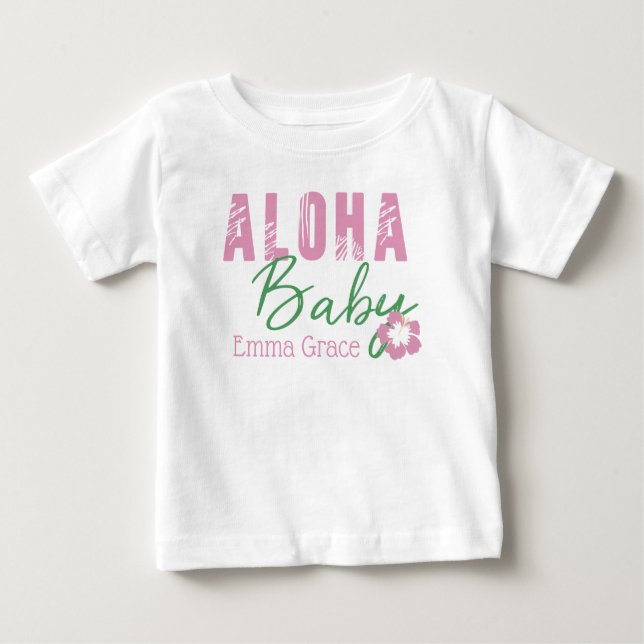 Aloha Baby Pink & Green Tropical Flower Monogram T-Shirt (Front)