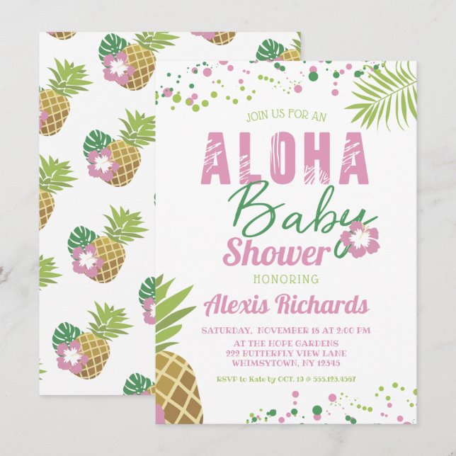 Aloha Baby Pink & Green Tropical Girl Baby Shower Invitation (Front/Back)
