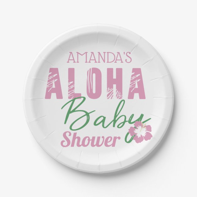 Aloha Baby Pink & Green Tropical Girl Baby Shower Paper Plate (Front)