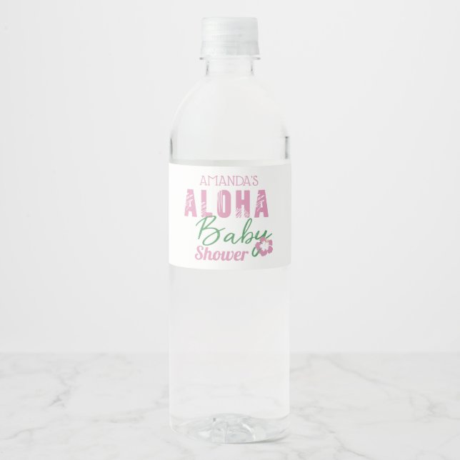 Aloha Baby Pink & Green Tropical Girl Baby Shower Water Bottle Label (Front)