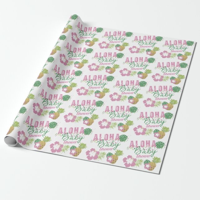 Aloha Baby Pink & Green Tropical Girl Baby Shower Wrapping Paper (Unrolled)