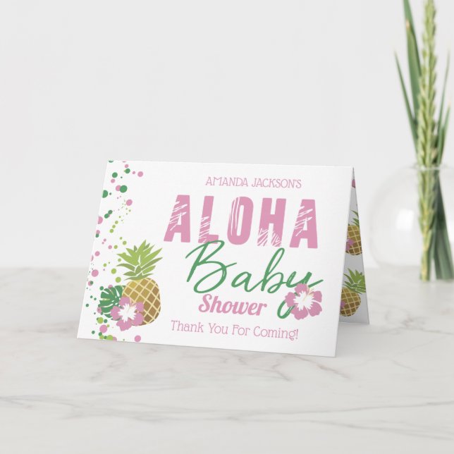 Aloha Baby Pink & Green Tropical Pineapple Photo Thank You Card (Front)