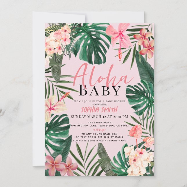 Aloha Baby Pink Tropical Floral Girl Baby Shower Invitation (Front)