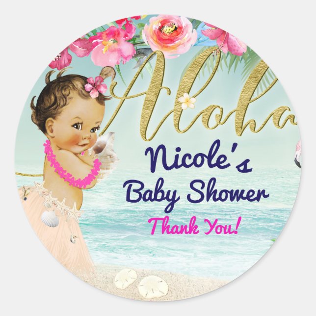 Aloha Baby Shower Hawaiian Retro Beach Party Favou Classic Round Sticker (Front)