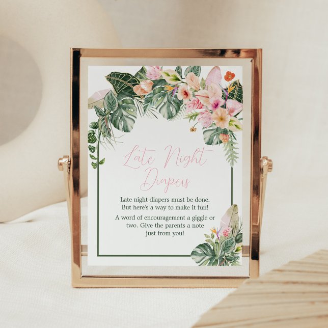 Aloha Baby Shower Late Night Diapers Poster (Aloha Pink Hawaiian Baby Shower Late Night Diapers Sign)