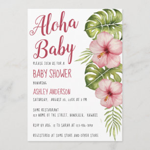Aloha Baby Shower Tropical Floral Watercolor Pink Invitation
