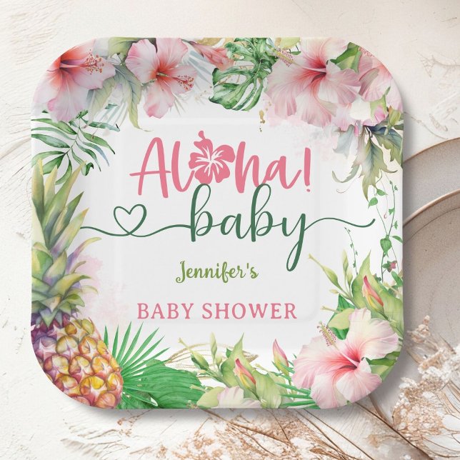 Aloha Baby Shower Tropical Luau Girl Pink Paper Plate (Creator Uploaded)