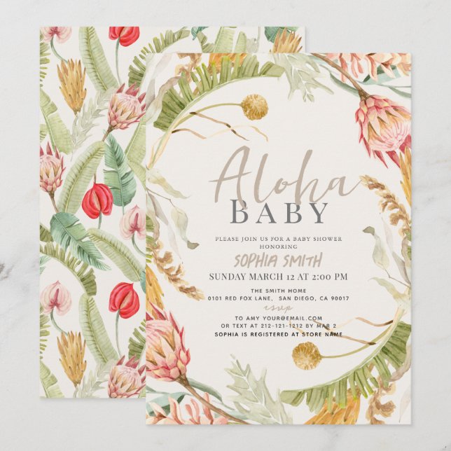 Aloha Baby Tropical Floral Botanical Baby Shower Invitation (Front/Back)