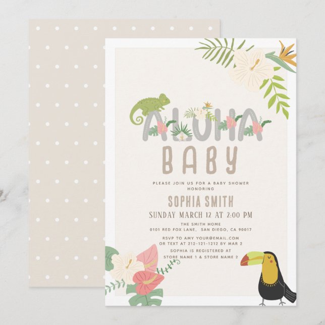 Aloha Baby Tropical Floral Toucan Baby Shower Invitation (Front/Back)