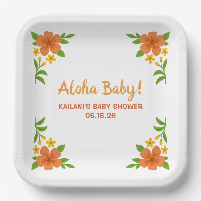 Aloha Baby! Tropical Hawaiian Floral Baby Shower Paper Plate (Front)