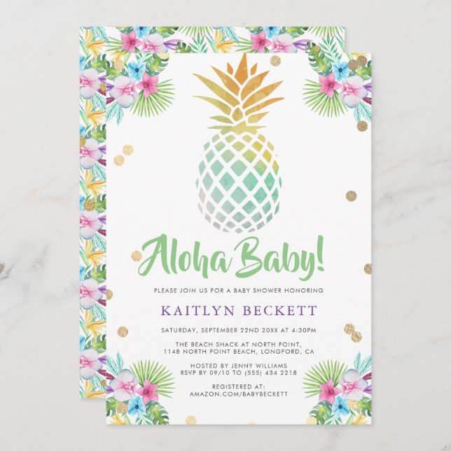 Aloha Baby! Watercolor Pineapple Baby Shower Invitation (Front/Back)