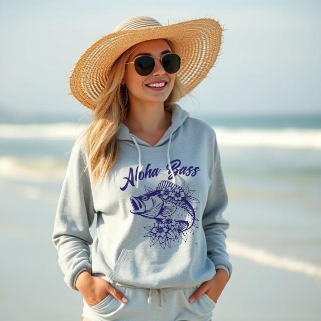 Aloha Bass Hawaiian Tropical Flowers- Fisherman- Hoodie (Aloha Bass Hawaiian Tropical Flowers, Fisherman Core, Summer Hoodie, Beach Hoodie, Blue)