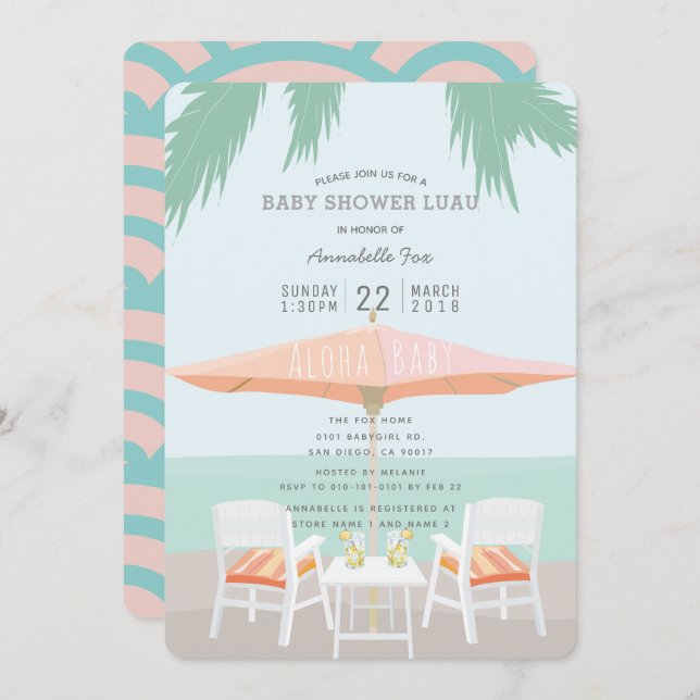 Aloha Beach Pink Turquoise Baby Shower Invitation (Front/Back)