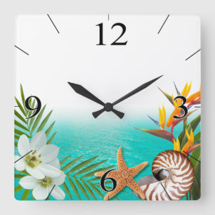 Aloha Beach Plumeria Frangipani Nautilus Square Wall Clock