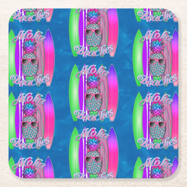 Aloha Beaches Summer Surfing Pineapple Square Paper Coaster (Front)