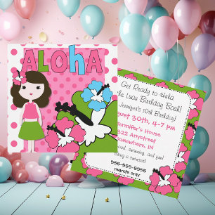 Aloha Birthday (Brown Hair Girl) Invitation