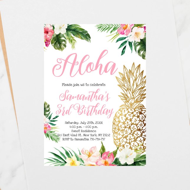 Aloha Birthday Luau Hawaiian Gold Pineapple Invitation (Creator Uploaded)