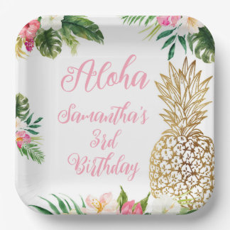 Aloha Birthday Luau Hawaiian Gold Pineapple Paper Plate