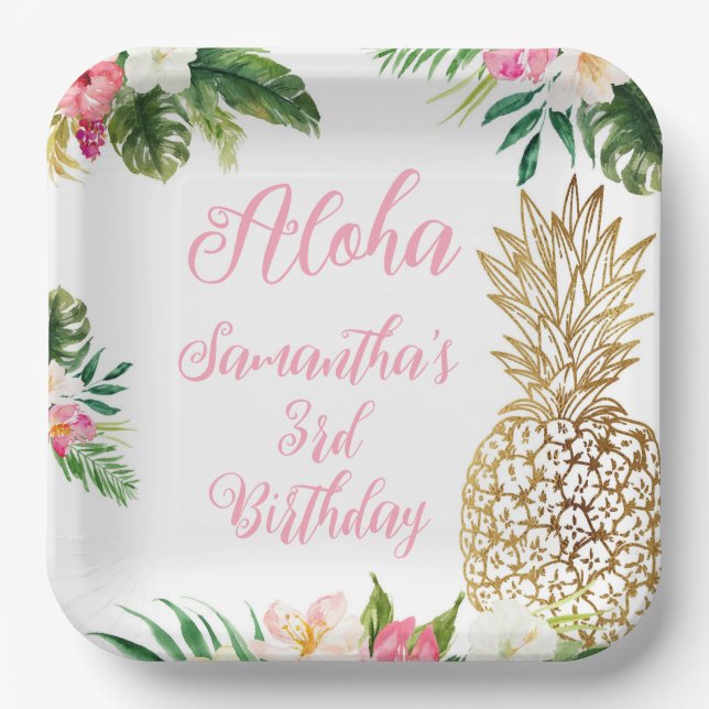 Aloha Birthday Luau Hawaiian Gold Pineapple Paper Plate (Front)