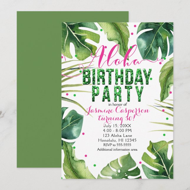 ALOHA BIRTHDAY PARTY Tropical Leaves Pink Green Invitation (Front/Back)