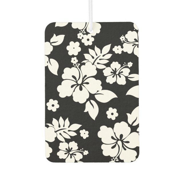 Aloha Black Classic Hawaiian Hibiscus Print Car Air Freshener (Front)