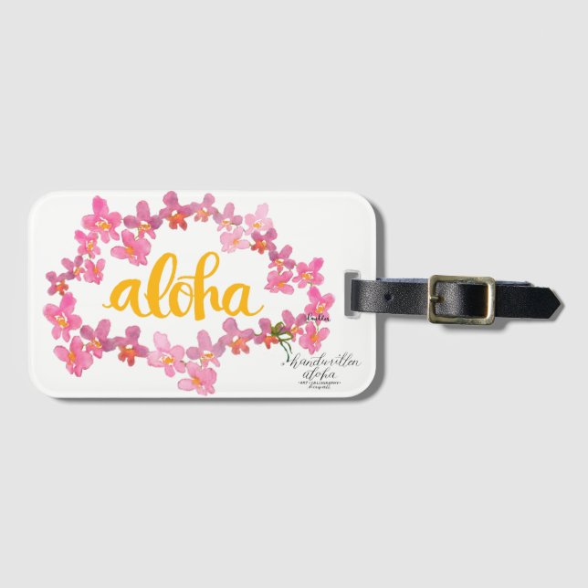 Aloha Bold Orchid Lei Bag Tag - White (Front Horizontal)
