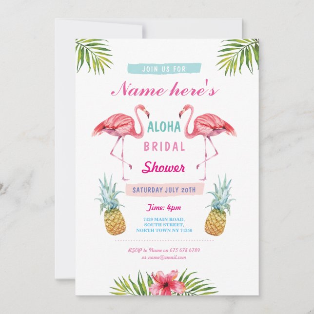 Aloha Bridal Shower Flamingo Pineapple Luau Invite (Front)
