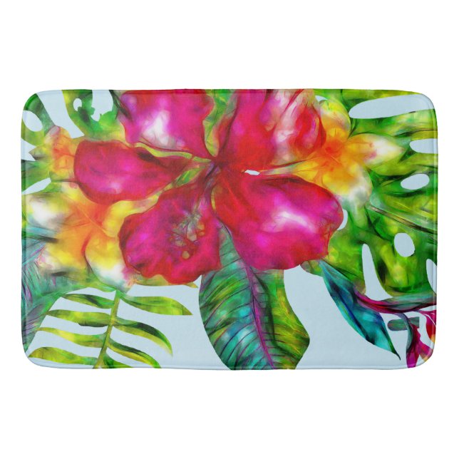 Aloha Bright Electric Pop Tropical Floral Bath Mat (Front)