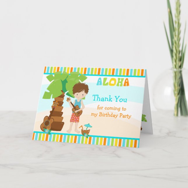 Aloha Brown Hair Boy Thank You Card (Front)