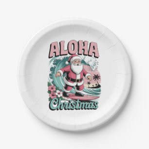 Aloha Christmas Hawaii Santa Surfing Tropical  Paper Plate