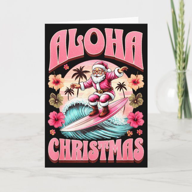 Aloha Christmas Santa Claus Surfing Hawaiian Mele  Card (Front)