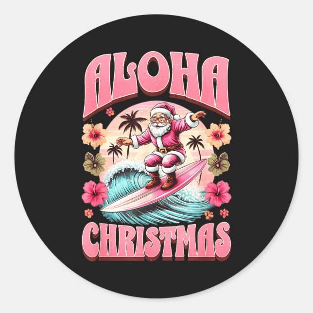 Aloha Christmas Santa Claus Surfing Hawaiian Mele  Classic Round Sticker (Front)