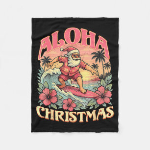 Aloha Christmas Santa Claus Surfing Hawaiian Mele  Fleece Blanket