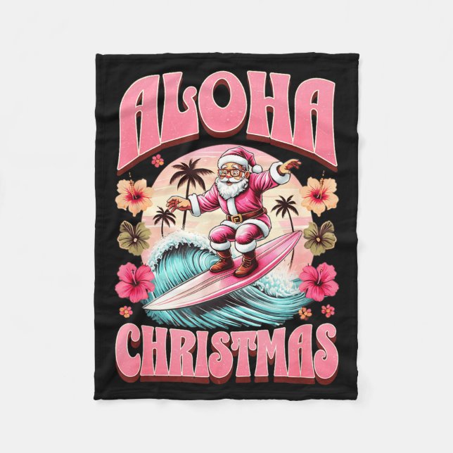 Aloha Christmas Santa Claus Surfing Hawaiian Mele  Fleece Blanket (Front)