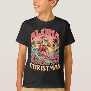 Aloha Christmas Santa Claus Surfing Hawaiian Mele  T-Shirt
