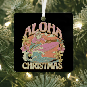 Aloha Christmas Surfing Santa Hawaiian Kalikimaka  Metal Tree Decoration