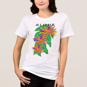 Aloha Colourful Tropical Flowers Green Leaves Tri-Blend Shirt