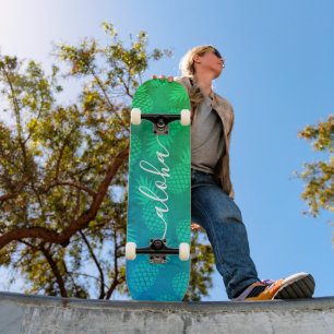 "Aloha" cool typography blue green pineapple ombre Skateboard