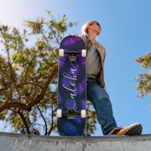 Aloha, cool typography purple blue pineapple ombre skateboard