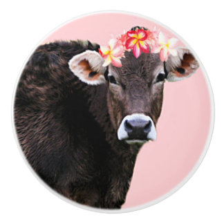 Aloha Cow, Lei, Pink Fun Summertime Ceramic Knob