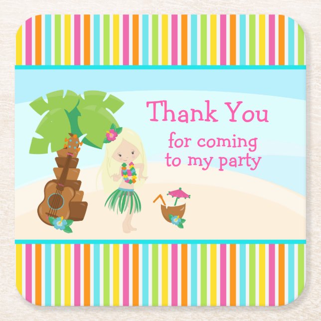 Aloha Cute Blonde Hair Girl 'Thank you for coming' Square Paper Coaster (Front)