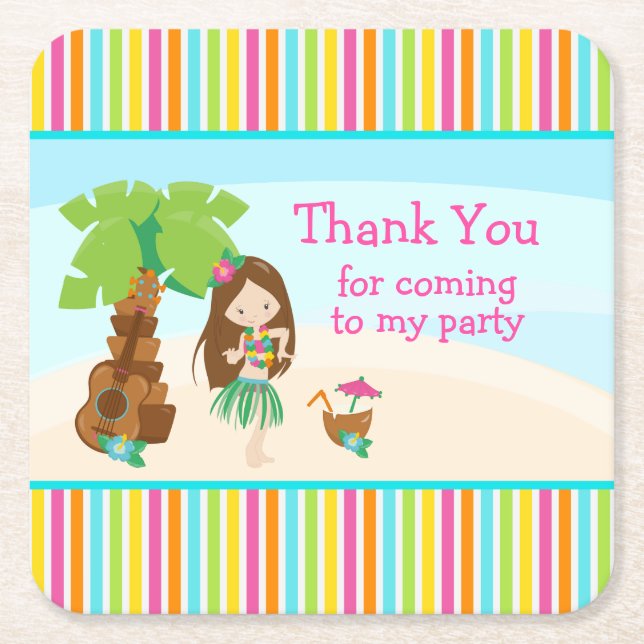 Aloha Cute Brown Hair Girl 'Thank you for coming' Square Paper Coaster (Front)