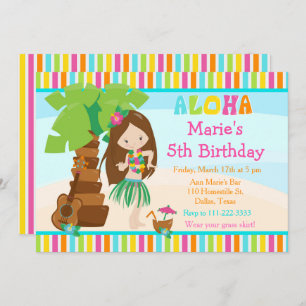 Aloha Cute Brunette Girl Birthday Party Invitation