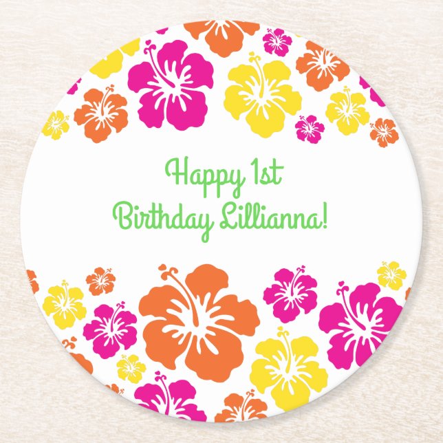 Aloha Cute Hawaiian Kid's 1st Birthday Party Theme Round Paper Coaster (Front)