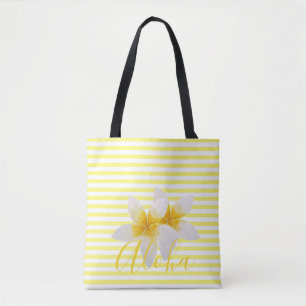 Aloha Elegant Tropical Flower & Yellow Stripes Tote Bag