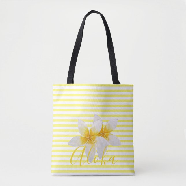 Aloha | Elegant Tropical Flower & Yellow Stripes Tote Bag (Front)