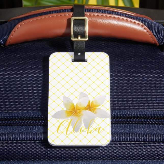 Aloha | Elegant Tropical Flower & Yellow Trellis Luggage Tag (Front Insitu 2)