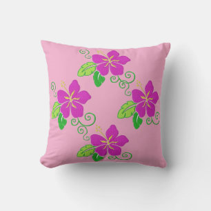 Aloha Embroidered Look Pink Hawaiian Flower Cushion