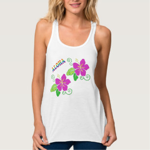 Aloha Embroidered Look Pink Hawaiian Flower Tank